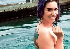 Soloing hottie Cat Asstrophe is touching her little pussy on the poolside