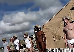 Military morning drill includes bareback sex and blowjobs