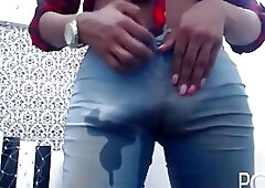 Ebony shemale in a cute cowgirl outfit shows her cock