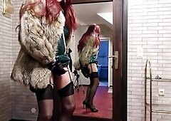 Naughty shemale receives a messy cumshot while plugged in public!