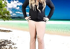 Monster dick t-girl cums in panties on public beach