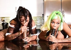 Two Big Booty Maids give dildo Blowjobs