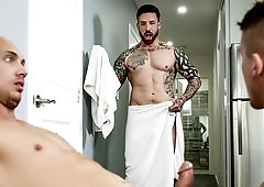 Protected sex in a 3some with John Magnum, Jake Porter, Jordan Levine