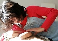 Edging handjob, legging, huge cock