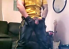 Leather sir jerks off