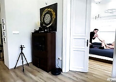 I spy my boyfriend banging his lewd coworker. Mi joins and licks the cum off her cunt