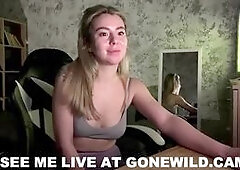 Hot Blonde in Leggings Talks and Plays on Webcam