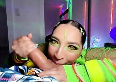 Madison Wilde trades her closing set for Brian's rave room glitter electric beneath UV, mouth open to the bass, glowstick pulsing inside her prev