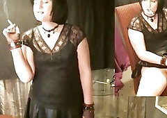 Chain smoking shemale plays with her tiny dick with pleasure