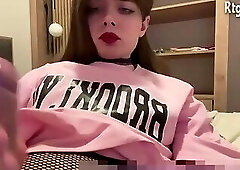 slim brunette transgirl in pantyhose tugs her huge cock on webcam