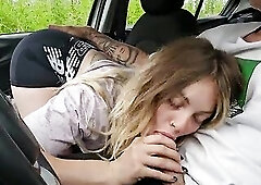 We nearly got caught: I suck his shlong in the car and this chab fills my throat with cum right there on the street