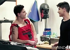 splendid youthful fellow barebacked by handsome car mechanic