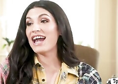 Trans babysitter meets her fresh boss in their abode.This Babe begins giving a kiss her boss and this babe then mouths his hard large rod passionately