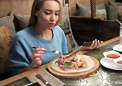 Public Oral-sex Underneath The Table In The Restaurant. Cum in Throat.