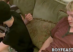 Young gayboys make out and fellate each other before threesome anal invasion