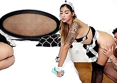 Dissatisfied spouse screws the maid in the same couch where his wife is