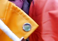 Oral-Job and pussylicking wearing rainwear and rubber boots in the garden