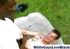 White guy gives black ass anal in interracial outdoor gay sex