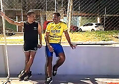 After the pickup game, the player and the coach are caught having sex behind the court.