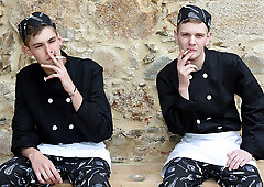 Steamy lads share ass in the kitchen while they pose hot