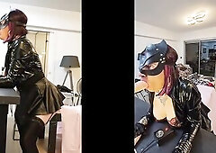 Sissy lola latex noir en Double écran se fait baiser la bouche par sa sex machine en gorge profonde et s'empalle sur un gros pénis