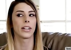 Busty Shemale Casey Kisses sucks huge black cock