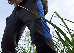 Dominate man makes his made-up buddy throat and fill condom with cum