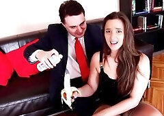 A hawt brunette hair teases with her nylons and red heels, rubbing her moist snatch on his palpitating ramrod previous to taking it unfathomable in he