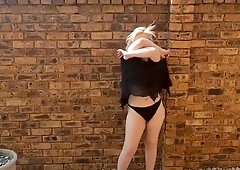 Irisblueblondie - Striptease And Piss By Chubby Mature Naked Blonde Outside In The Garden Courtyard