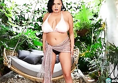 Large-titted Latin chick Kim Beltran gets her boobs moist. Her vagina already was soaked