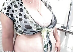 Pissing Large Titted Aged big beautiful woman Housewife Teases in the Shower