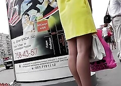 Unrepeatable upskirt public scene presented by lonely mother I'd like to fuck in pretty yellow costume that need to hide her hawt limp booty.
