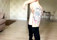 Blonde Solo Babe in High Boots Shows Off Her Tattoos and Big Assets