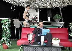 A sultry maid in underware widens her moist booty wide for intensive pounding that makes her groan with joy. That babe rides penis passionately on the