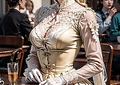 AI generated fancy towheaded in Victorian sundress showcases in public