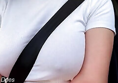 Wifey with ideal braless boobs flashing in the car