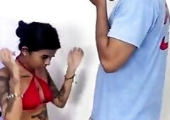 Cuckold abased by his wife who caught him cheating and now this babe's banging with her lover!