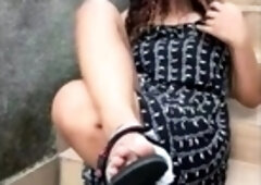Curvy amateur Latina flashing tight shaved pussy in public