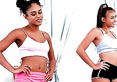 Sporty yoga babes Gia Derza and Scarlit Scandal are happy to try out horny scissoring