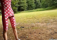 young boy in mid-leght swimsuit masturbate and cum outdoor