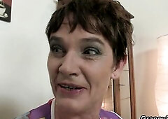 Bushy old snatch granny rides his large penis