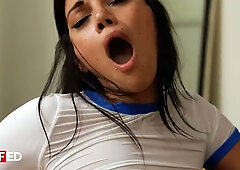 Mona Azar as a pornstar skips workout to deep throat and take doggy from her coach