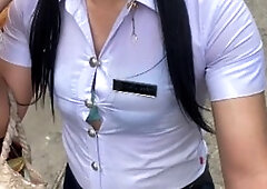 Hot shemale teacher Fampfy Nana shows off in public as a young Asian ladyboy