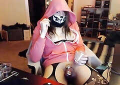 Sexy Pink Skeleton Femboy Cums Hands Free With Cockcage and Fleshlight
