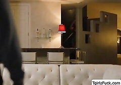 Tiny titties ts Ella Hollywood is about to leave when her lover giving a kiss her passionately during the time that caressing her booty and tiny boobs