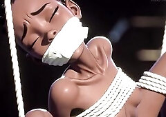 Thin Afro woman tied in strict servitude, despairing and leaking moist. This babe groans loudly begging for a thick jock to stretch and fill her cunt.