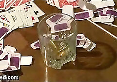 Asian tranny fucks tied up guy in throath and ass in a bed