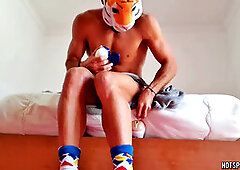 Guy explores three different fleshlights in bed with a massive cumshot in one of them