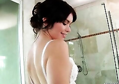 Ashlyn Rae gets into the bathtub and masturbates fingering herself and using a large sex tool to bang that teen vagina to climax