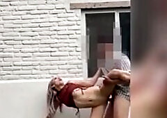 Hawt slim gal screws standing up outdoors with lewd neighbour
